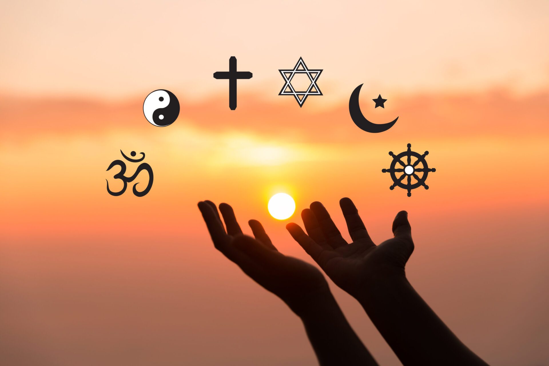 Religious symbols. Christianity cross, Islam crescent, Buddhism dharma wheel, Hinduism aum, Judaism David star, Taoism yin yang, world religion concept. Prophets of all religions bring peace to world